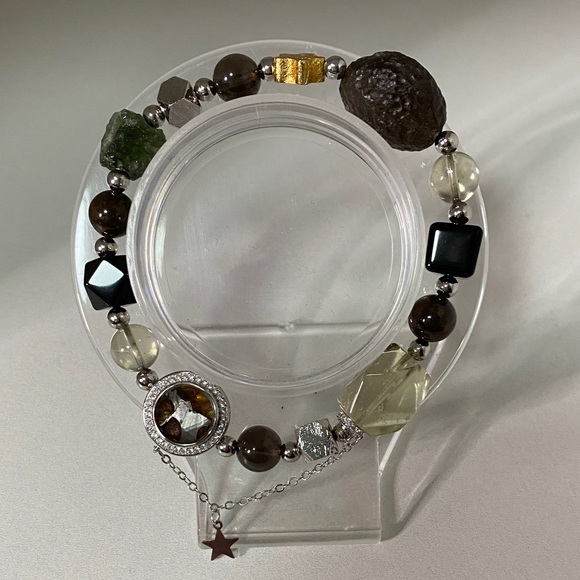 Natural Moldavite & Libyan Desert Glass Bracelet | Meteorite Tektite Gold Star